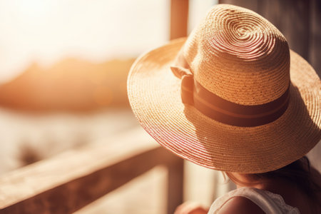back view of Young woman on sea vacation. tourist girl in a hat at a seaside resort. travel concept. summertime. Generative AIの素材