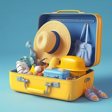 traveler yellow suitcase and accessories on blue background. travel concept. generative AI.の素材