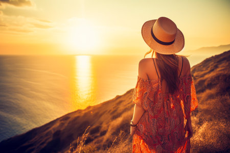 back view of Young woman on sea vacation. tourist girl in a hat at a seaside resort. travel concept. summertime. Generative AIの素材