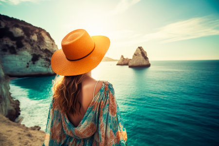 back view of Young woman on sea vacation. tourist girl in a hat at a seaside resort. travel concept. summertime. Generative AIの素材