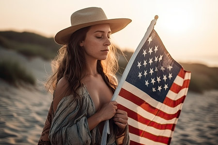 Portrait of beautiful girl in hat who holding flag usa outdoors. Independence day. Generative AIの素材