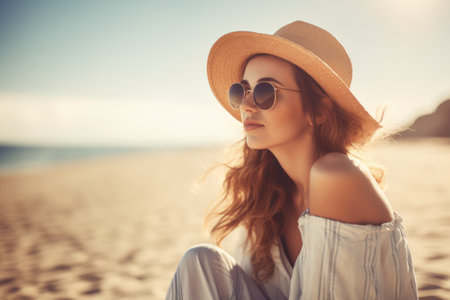 Young woman on a sea vacation. Portrait of a young woman in hat and sunglasses at a seaside resort. Generative AIの素材