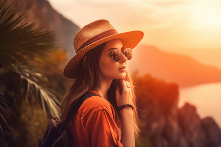 Young woman on a sea vacation. Portrait of a young woman in hat and sunglasses at a seaside resort. Generative AIの素材