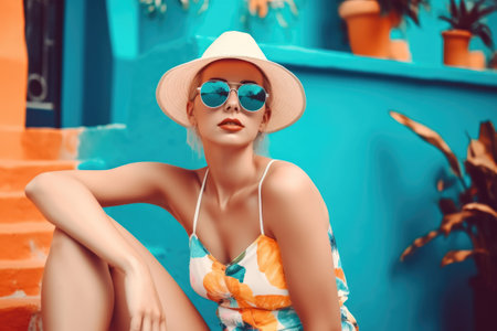 portrait of young woman in summer resort, travel concept. Young woman in hat traveler enjoying summer vacations. generative AIの素材