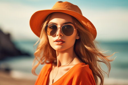 Young woman on a sea vacation. Portrait of a young woman in hat and sunglasses at a seaside resort. Generative AIの素材