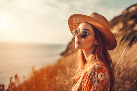 Young woman on a sea vacation. Portrait of a young woman in hat and sunglasses at a seaside resort. Generative AIの素材