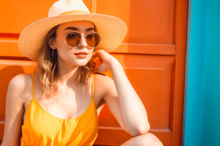 portrait of young woman in summer resort, travel concept. Young woman in hat traveler enjoying summer vacations. generative AIの素材