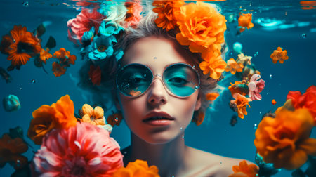 portrait of beauty girl in sunglasses swimming in pool surrounded by petals of flowers. resort concept. generative AIの素材