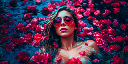 portrait of beauty girl in sunglasses swimming in pool surrounded by petals of flowers. resort concept. generative AIの素材