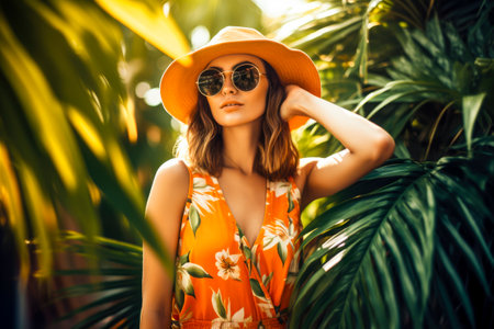 portrait of young woman in summer resort, travel concept. Young woman in hat traveler enjoying summer vacations. generative AIの素材