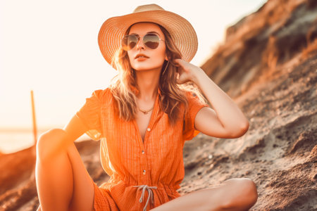 Young woman on a sea vacation. Portrait of a young woman in hat and sunglasses at a seaside resort. Generative AIの素材