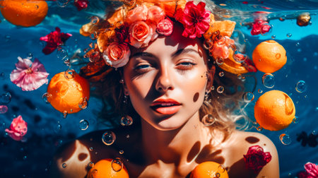 Beautiful Girl Floating On Water With Fresh Tropical Fruits. Resort, spa concept. Generative AI.の素材