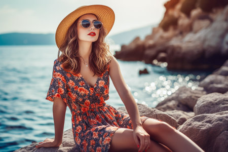 Young woman on a sea vacation. Portrait of a young woman in hat and sunglasses at a seaside resort. Generative AIの素材
