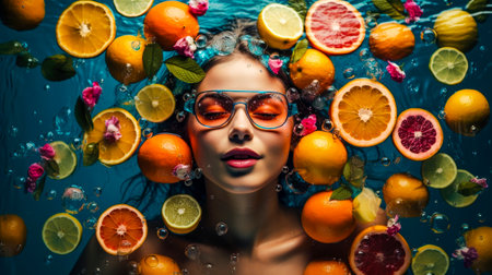 Beautiful Girl Floating On Water With Fresh Tropical Fruits. Resort, spa concept. Generative AI.の素材