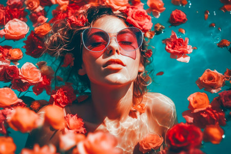 portrait of beauty girl floating in pool surrounded flowers. beauty summer concept. resort concept. generative AIの素材