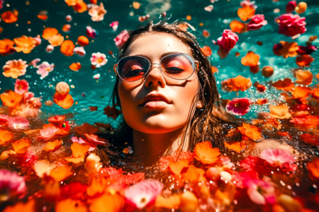 portrait of beauty girl swimming in pool surrounded by petals of flowers. resort concept. generative AIの素材