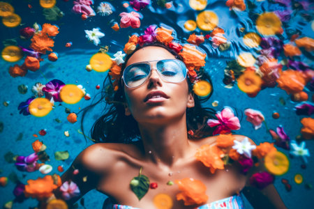 portrait of beauty girl floating in pool surrounded flowers. beauty summer concept. resort concept. generative AIの素材