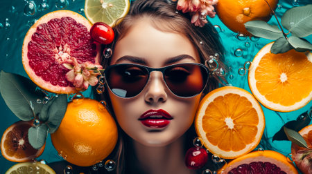 Beautiful Girl Floating On Water With Fresh Tropical Fruits. Resort, spa concept. Generative AI.の素材