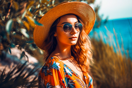 Young woman on a sea vacation. Portrait of a young woman in hat and sunglasses at a seaside resort. Generative AIの素材
