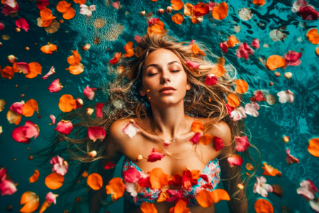 portrait of beauty girl floating in pool surrounded flowers. beauty summer concept. resort concept. generative AIの素材