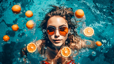 Beautiful Girl Floating On Water With Fresh Tropical Fruits. Resort, spa concept. Generative AI.の素材