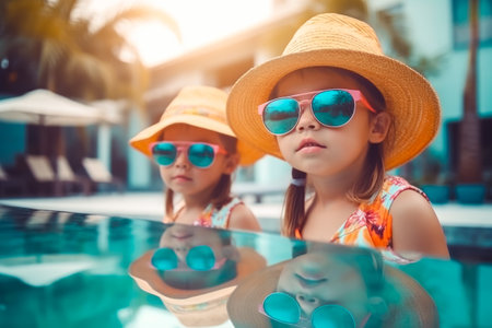 Portrait of Two Adorable cute little girls in sunglasses at pool. Summer Vacation Fun. Generative AI.の素材