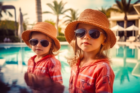 Portrait of Two Adorable cute little girls in sunglasses at pool. Summer Vacation Fun. Generative AI.の素材