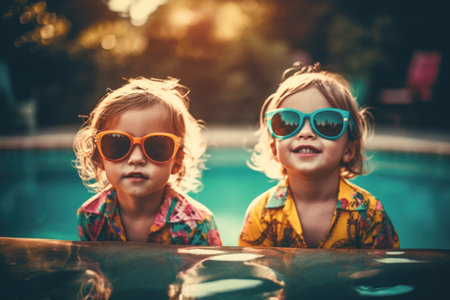Portrait of Two Adorable Young Boys in sunglasses at pool. Summer Vacation Fun. Generative AI.の素材