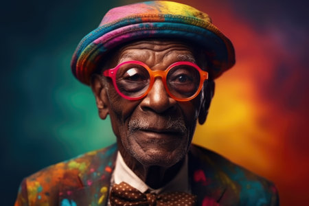 portrait of older African man in glasses and hat with kind facial expression. generative AI.の素材