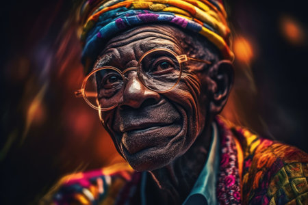 portrait of older African man in glasses and hat with kind facial expression. generative AI.の素材