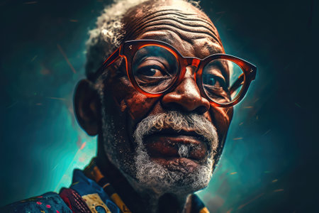 portrait of older African man in glasses with kind facial expression. generative AI.の素材