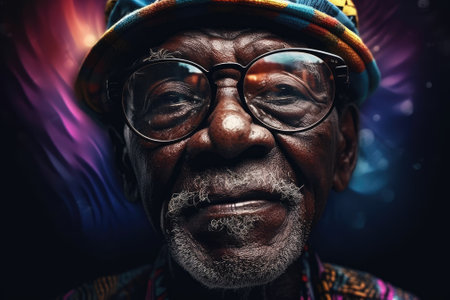 portrait of older African man in glasses and hat with kind facial expression. generative AI.の素材