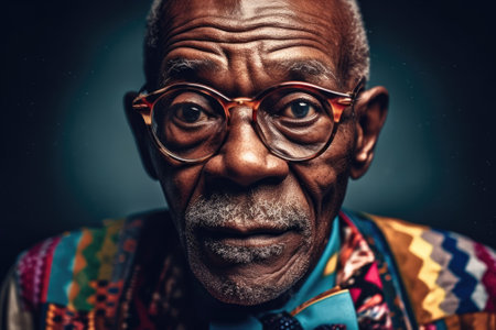 portrait of older African man in glasses with kind facial expression. generative AI.の素材