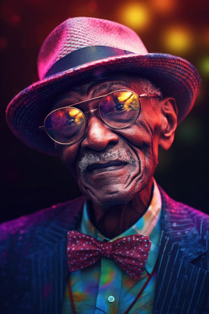 portrait of older African man in glasses and hat with emotional face. generative AI.の素材