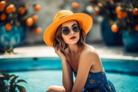 beauty girl in hat and sunglasses sitting near the pool surrounded by orange tress. summer concept. Generative AI.の素材