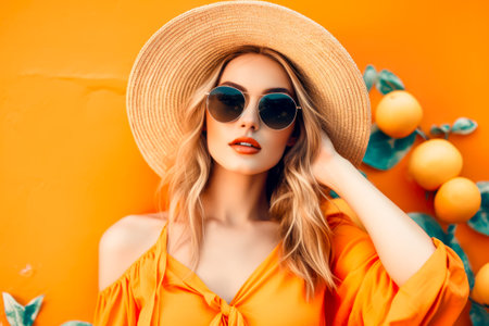 portrait of beauty girl in hat and sunglasses against orange wall with oranges. summer concept. Generative AI.の素材