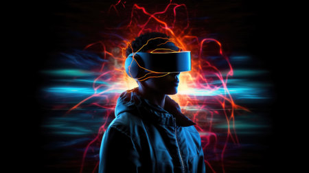 Illustration of woman with glasses of virtual reality surrounded by colored lightning. Future technology concept. Generative AIの素材