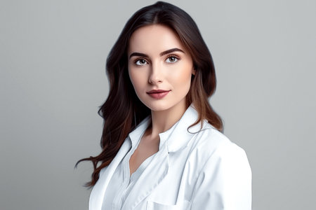 portrait of young doctor woman over isolated gray background, medicine concept. space for text. generative AI.の素材