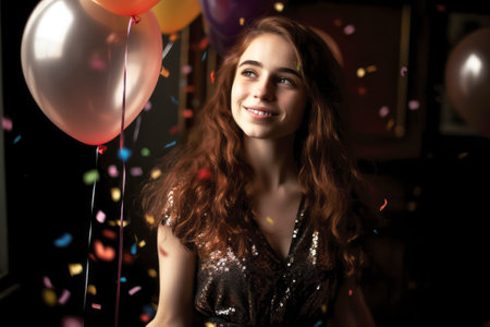 Happy smiling girl with air balloons and falling confetti. home celebration party concept. generative AIの素材