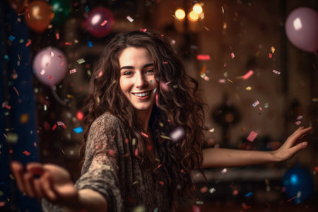 Happy smiling girl with air balloons and falling confetti. home celebration party concept. generative AIの素材