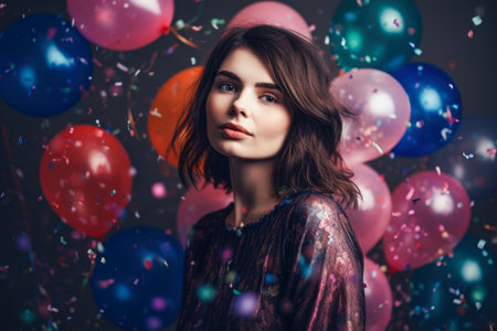 Beautiful young woman with air balloons and falling confetti against dark background. Celebration party concept. generative AIの素材