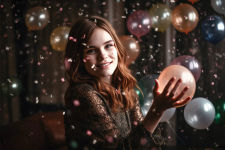 Beautiful young woman with air balloons and falling confetti against dark background. Celebration party concept. generative AIの素材