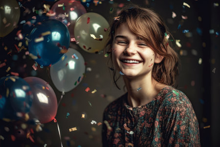 Happy smiling with air balloons and falling confetti against dark background. Celebration party concept. generative AIの素材