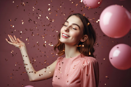 Happy smiling girl with air balloons and falling confetti against pink background. Celebration party concept. generative AIの素材