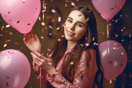 Happy smiling girl with air balloons and falling confetti. home celebration party concept. generative AIの素材