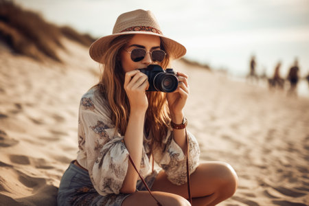 young tourist woman in summer hat at a seaside resort with camera. Generative AI.の素材