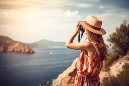 young tourist woman in summer hat at a seaside resort with camera. Generative AI.の素材