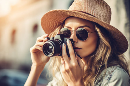 young woman with camera in hat enjoying summer vacations.travel concept. generative AI.の素材