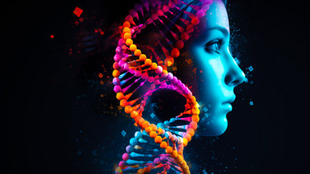 Concept of biochemistry with dna molecule, Human face, DNA on dark background. AI generated.の素材