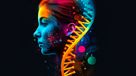 Concept of biochemistry with dna molecule, Human face, DNA on dark background. AI generated.の素材